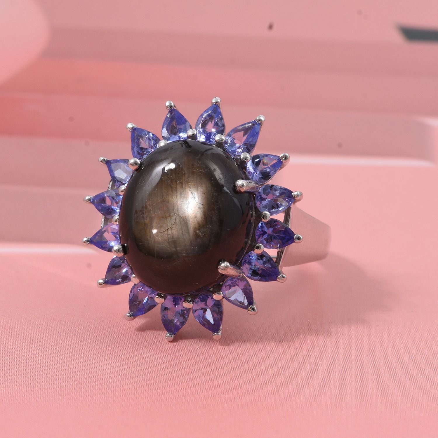D'Joy Chantaburi Black Star Sapphire, Tanzanite Halo Ring in Rhodium Overlay Sterling Silver 17.66 Ct. V32520204 1