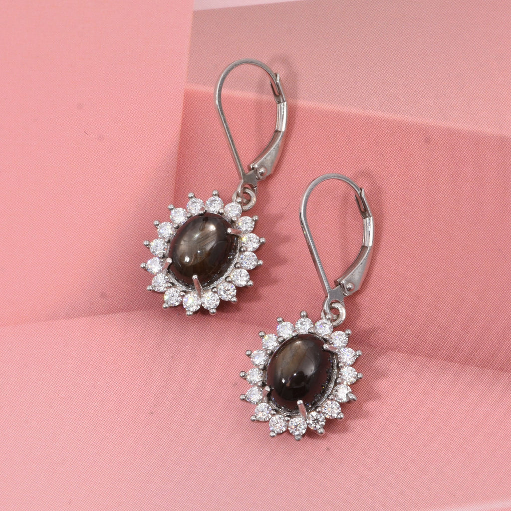 D'Joy Chantaburi Black Star Sapphire & Moissanite Halo Earring with Lever Back in Rhodium Overlay Sterling Silver 8.41 Ct._8266584_1