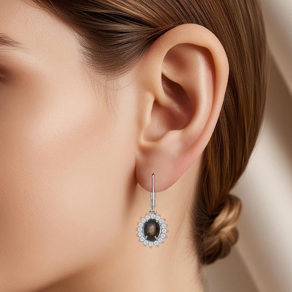 D'Joy Chantaburi Black Star Sapphire & Moissanite Halo Earring with Lever Back in Rhodium Overlay Sterling Silver 8.41 Ct._8266584_2
