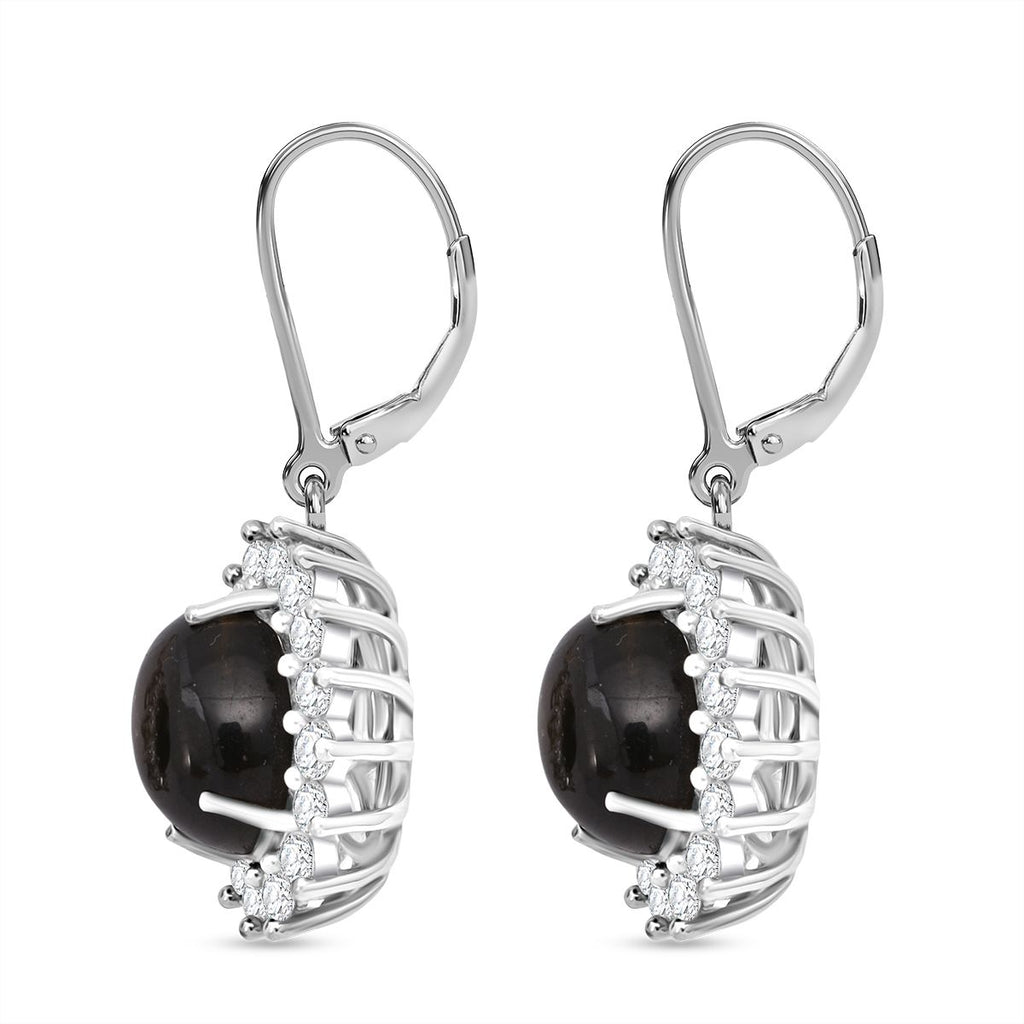 D'Joy Chantaburi Black Star Sapphire & Moissanite Halo Earring with Lever Back in Rhodium Overlay Sterling Silver 8.41 Ct._8266584_3