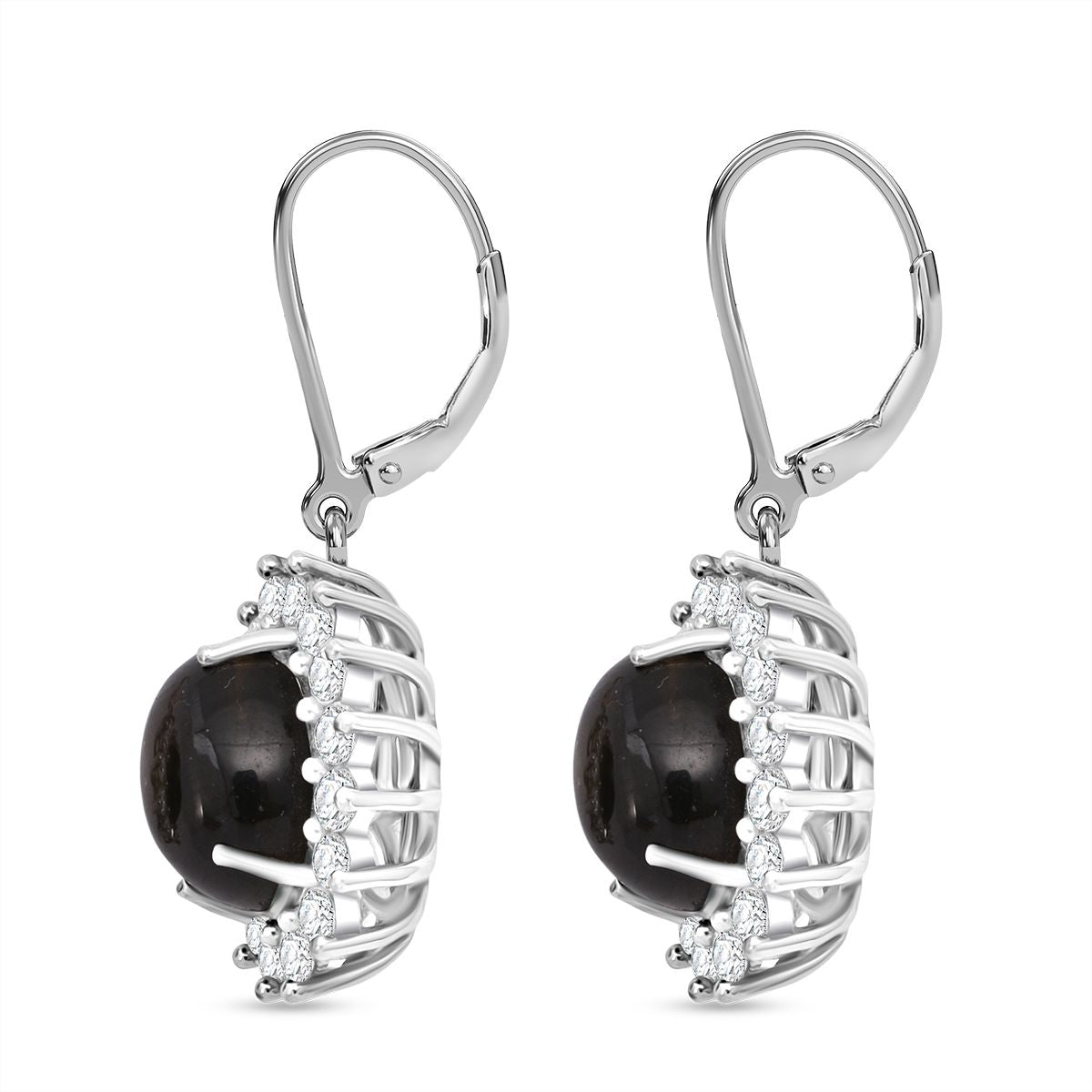 D'Joy Chantaburi Black Star Sapphire &amp; Moissanite Halo Earring with Lever Back in Rhodium Overlay Sterling Silver 8.41 Ct. V32520633 3
