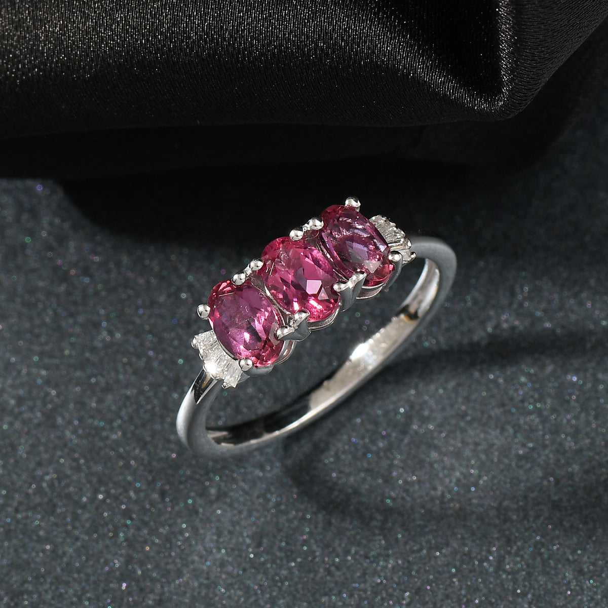 Luxuriant Lab Grown Bixbite &amp; Lab Grown Diamond (SI/GH) 3 Stone Ring in Rhodium Overlay Sterling Silver 1.53 Ct. V32594121 2