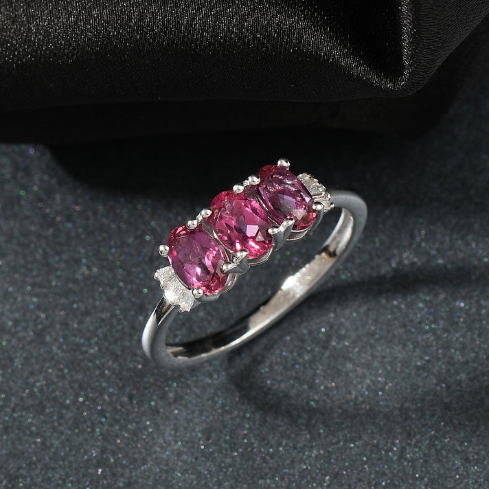 Luxuriant Lab Grown Bixbite &amp; Lab Grown Diamond (SI/GH) 3 Stone Ring in Rhodium Overlay Sterling Silver 1.53 Ct. 8266725 2