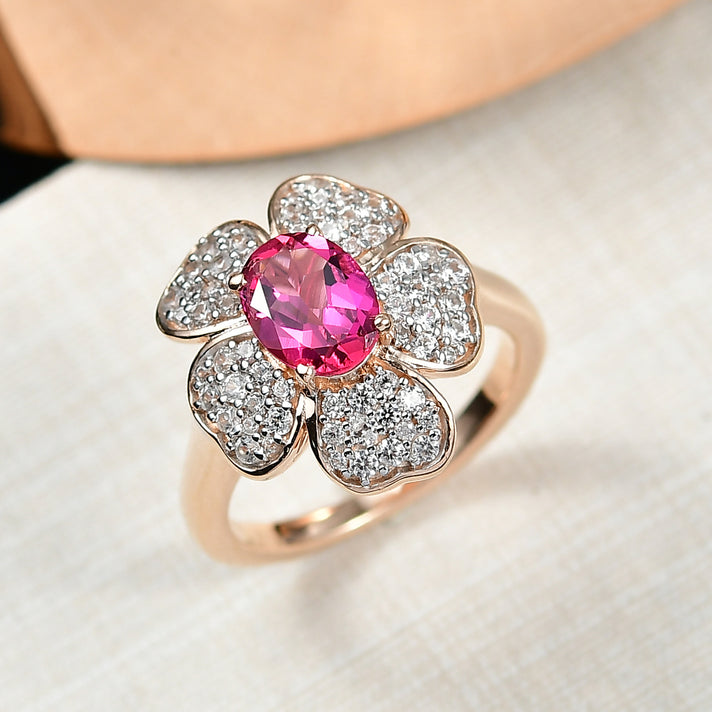 Luxuriant Lab Grown Bixbite &amp; White Zircon Cluster Ring in 18K Vermeil Rose Gold Plated Sterling Silver 2.08 Ct. 8266752 2