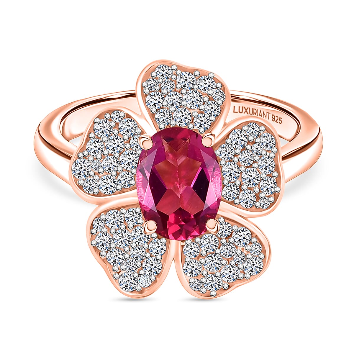 Luxuriant Lab Grown Bixbite &amp; White Zircon Cluster Ring in 18K Vermeil Rose Gold Plated Sterling Silver 2.08 Ct. V32521718 0