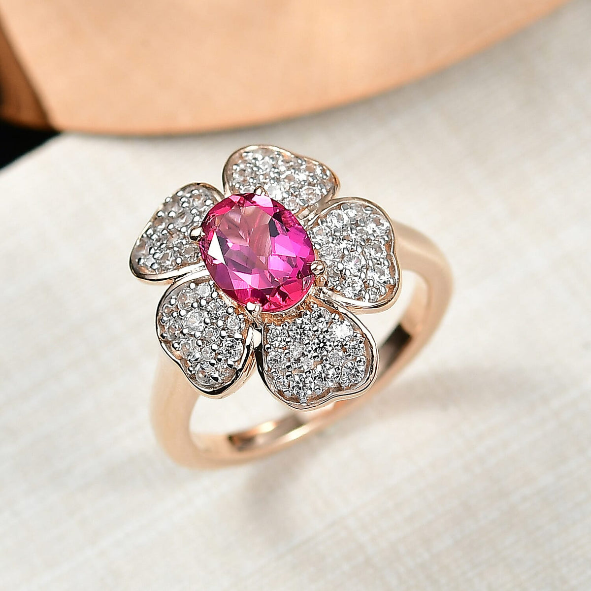 Luxuriant Lab Grown Bixbite &amp; White Zircon Cluster Ring in 18K Vermeil Rose Gold Plated Sterling Silver 2.08 Ct. V32521718 2