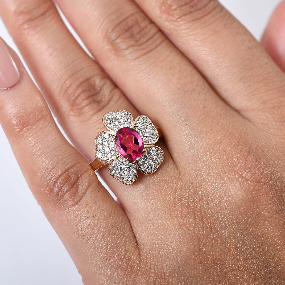 Luxuriant Lab Grown Bixbite &amp; White Zircon Cluster Ring in 18K Vermeil Rose Gold Plated Sterling Silver 2.08 Ct. V32521718 3