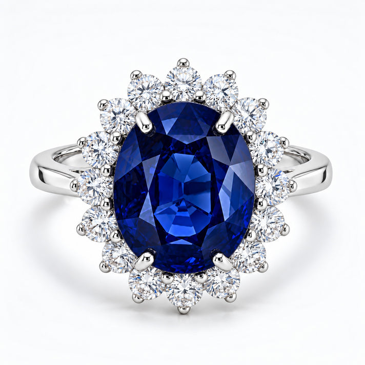LUXURIANT 8.2 Ct. Blue Sapphire, Lab Grown Diamond SI G-H Halo Ring in Rhodium Overlay Sterling Silver 8267272 1