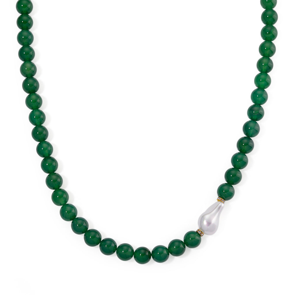 Green Onyx and White Cubic Zirconia & White Shell Pearl Beads Necklace (Size - 20) with T-Bar Clasp 425.00 Ct._8267413