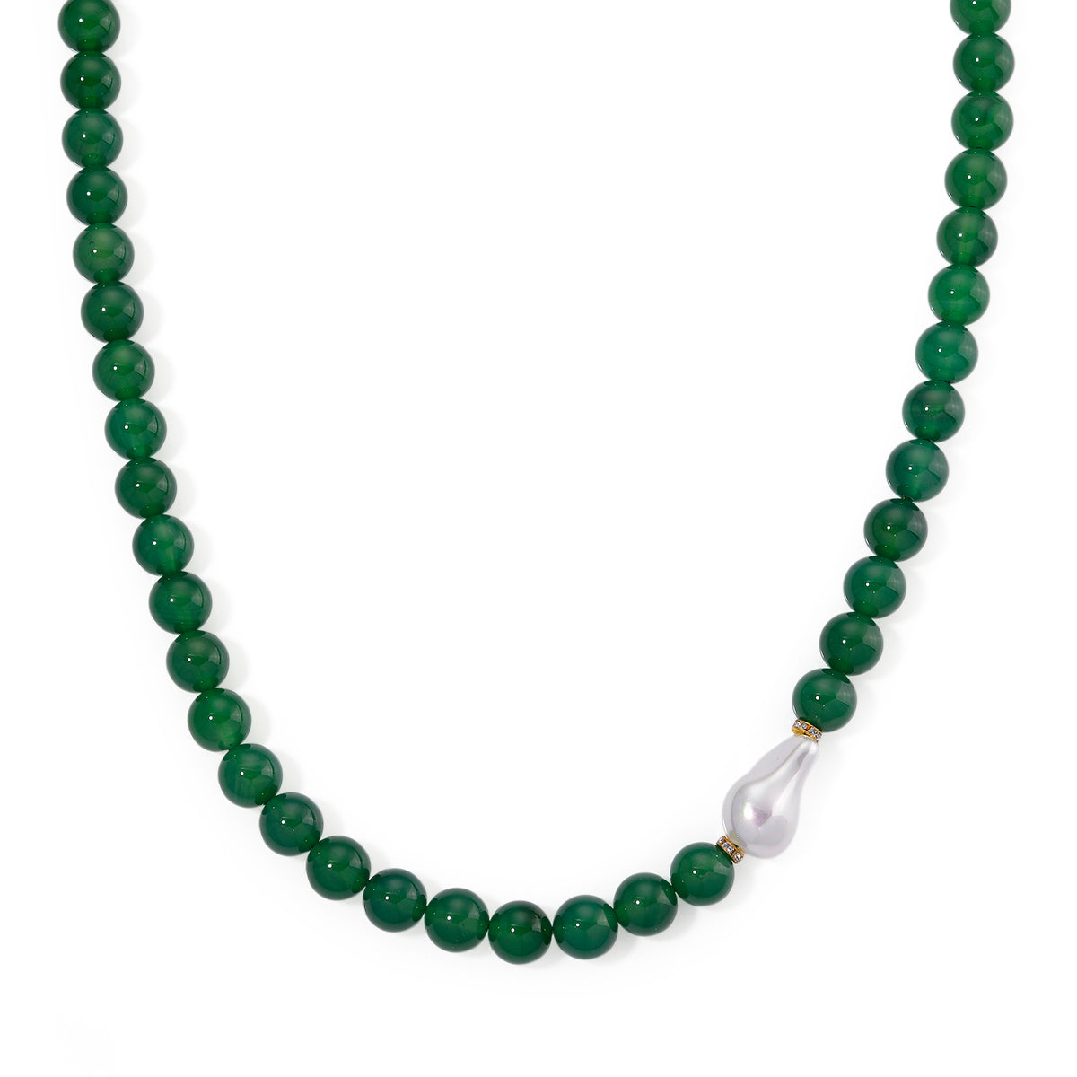 Green Onyx and White Cubic Zirconia &amp; White Shell Pearl Beads Necklace (Size - 20) with T-Bar Clasp 425.00 Ct. V32513644 0