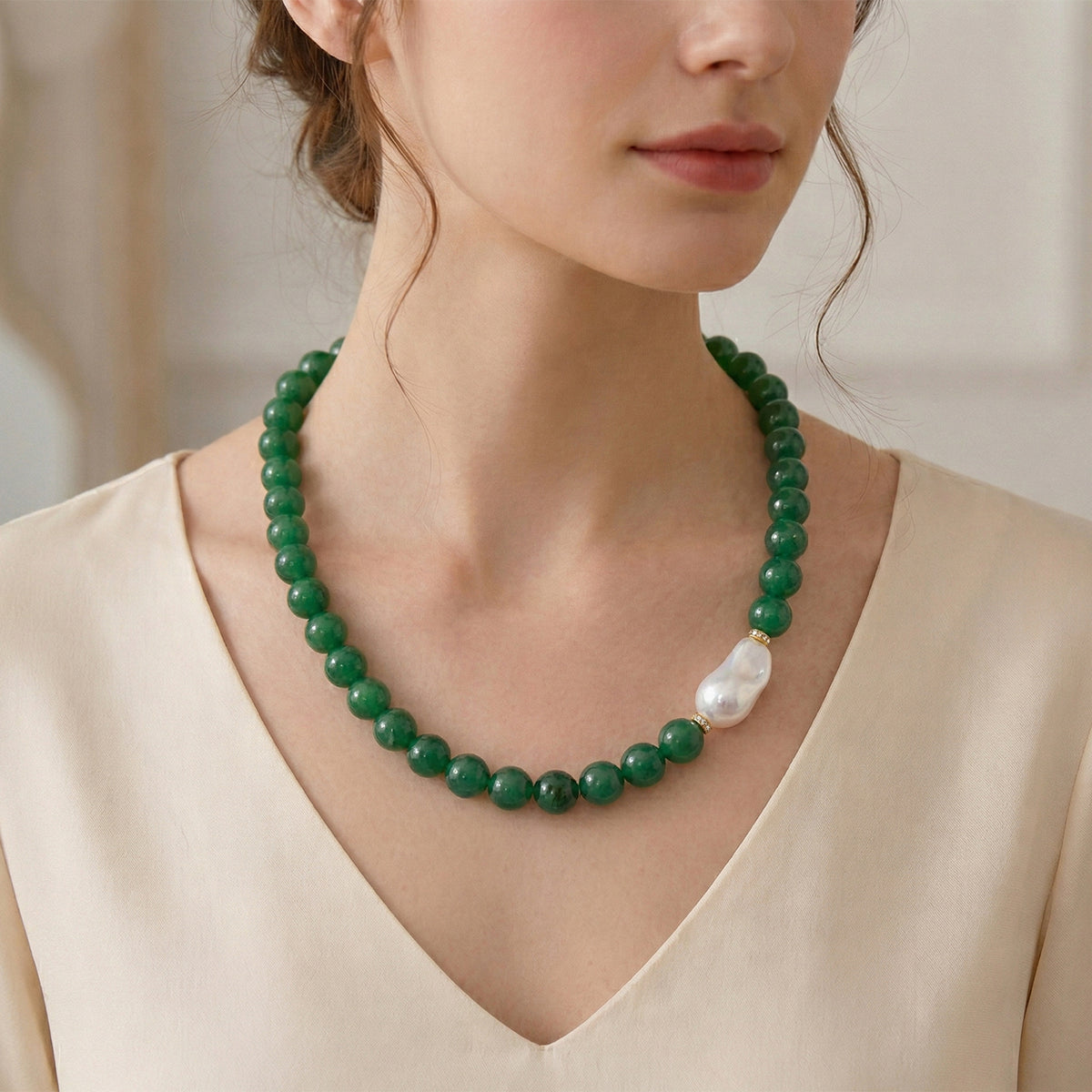 Green Onyx and White Cubic Zirconia &amp; White Shell Pearl Beads Necklace (Size - 20) with T-Bar Clasp 425.00 Ct. V32513644 2