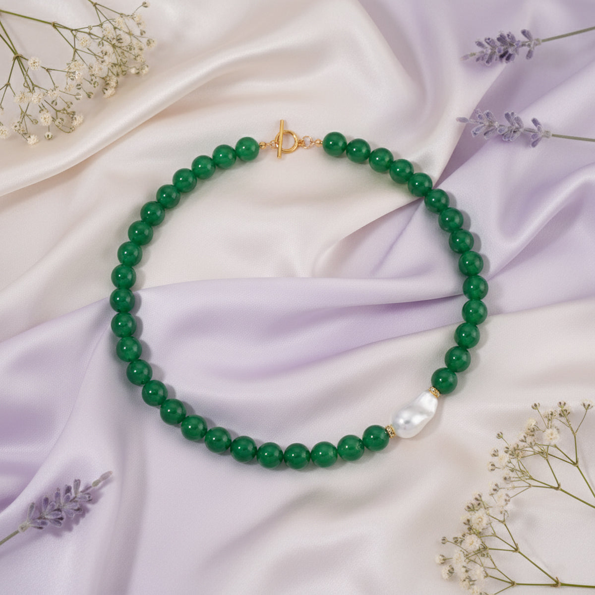 Green Onyx and White Cubic Zirconia &amp; White Shell Pearl Beads Necklace (Size - 20) with T-Bar Clasp 425.00 Ct. V32513644 3