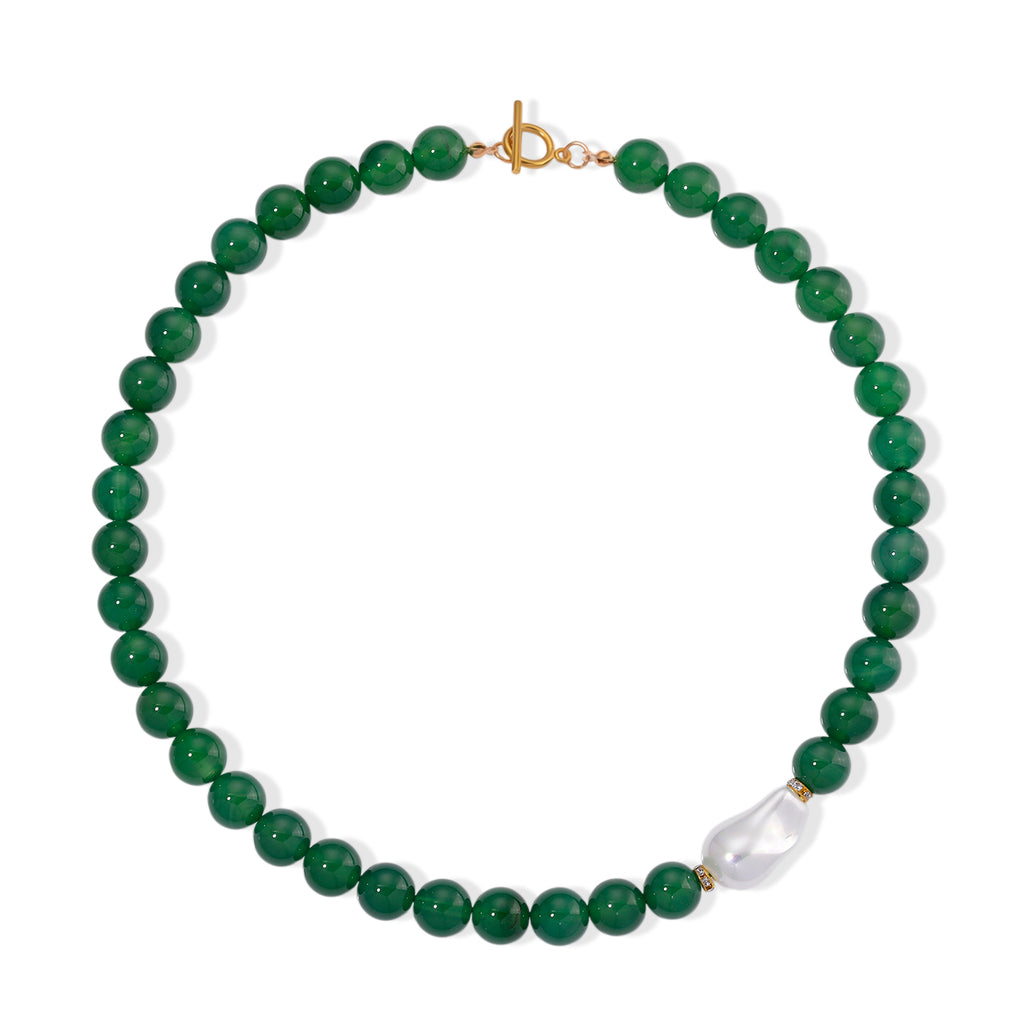 Green Onyx and White Cubic Zirconia & White Shell Pearl Beads Necklace (Size - 20) with T-Bar Clasp 425.00 Ct._8267413_3