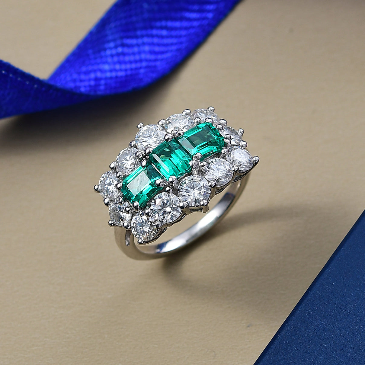 D'Joy - Lab Grown Colombian Emerald &amp; Moissanite Cluster Ring in Rhodium Overlay Sterling Silver 3.47 Ct. V32523863 2