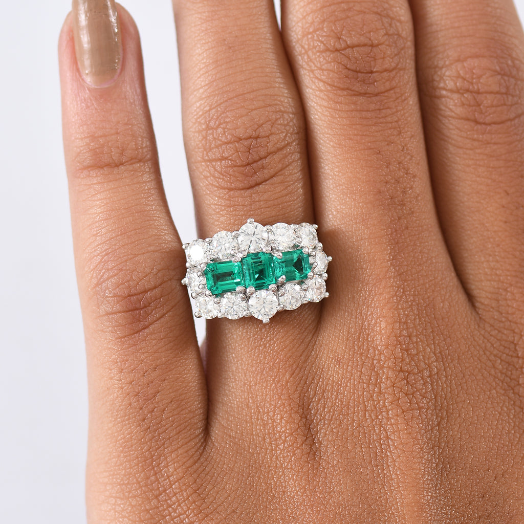 D'Joy - Lab Grown Colombian Emerald & Moissanite Cluster Ring in Rhodium Overlay Sterling Silver 3.47 Ct._8269684_2