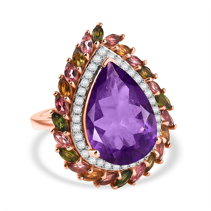 D'Joy African Amethyst, White Zircon and Multi-Tourmaline Ring in 18K Vermeil Rose Gold Plated Sterling Silver 11.90 Ct. 8269995 1