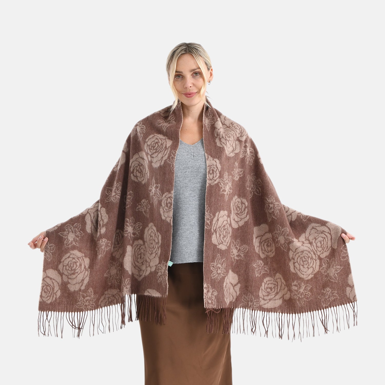 LA MAREY 100% Merino Wool Abstract Print Scarf with Tassel (180 x 70 cm) - Brown V32520925 0