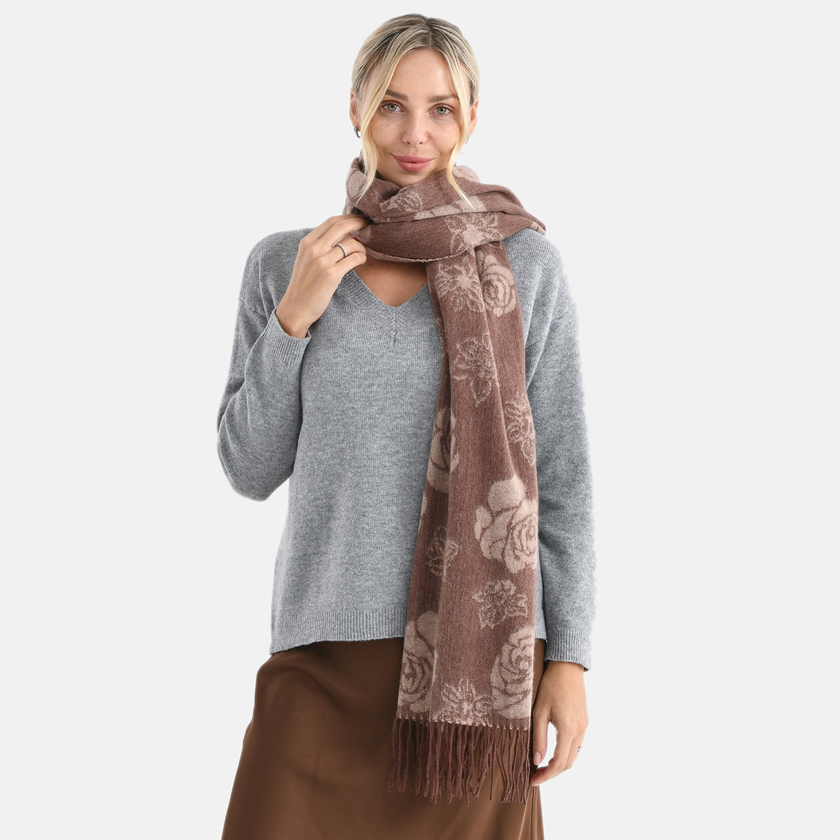 LA MAREY 100% Merino Wool Abstract Print Scarf with Tassel (180 x 70 cm) - Brown V32520925 3