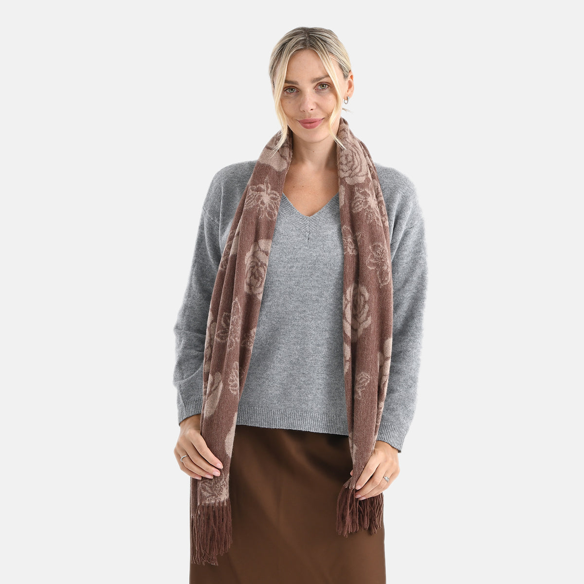 LA MAREY 100% Merino Wool Abstract Print Scarf with Tassel (180 x 70 cm) - Brown V32520925 4