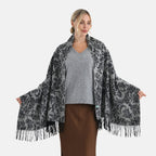 LA MAREY 100% Merino Wool Abstract Print Scarf with Tassel (180 x 70 cm) - Grey_8270068