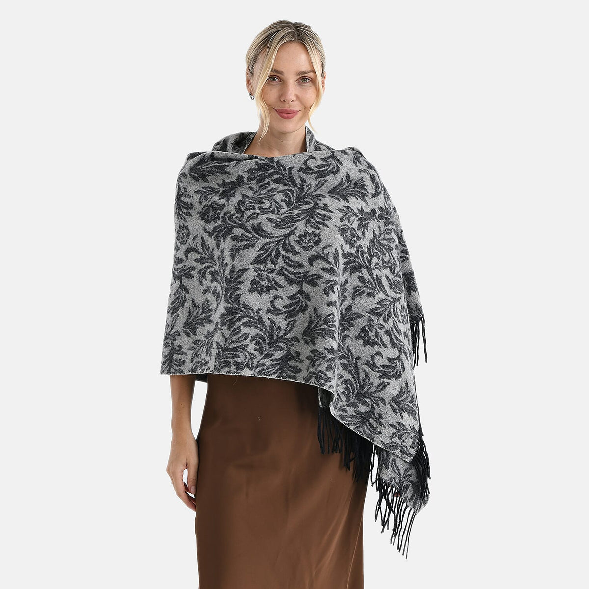 LA MAREY 100% Merino Wool Abstract Print Scarf with Tassel (180 x 70 cm) - Grey V32630248 2