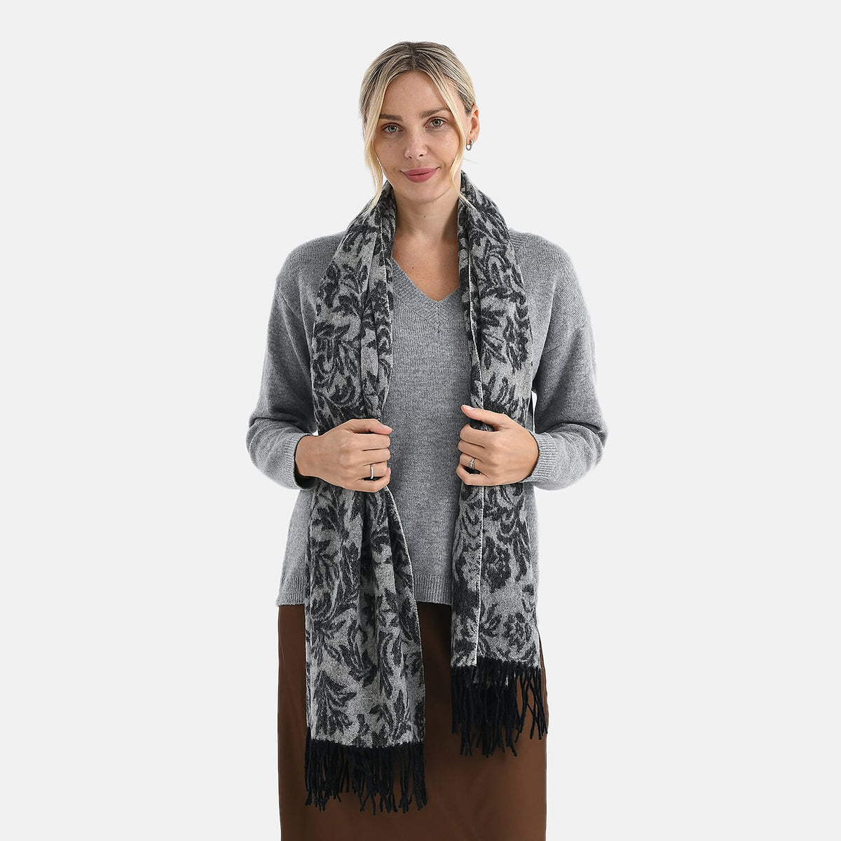 LA MAREY 100% Merino Wool Abstract Print Scarf with Tassel (180 x 70 cm) - Grey V32630248 3