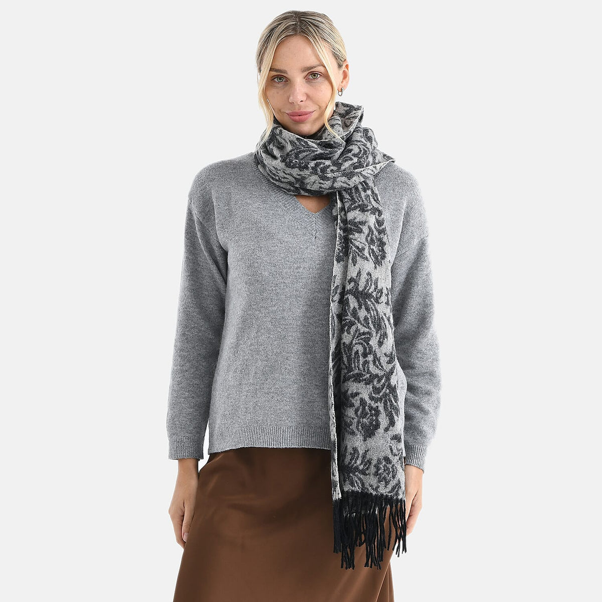 LA MAREY 100% Merino Wool Abstract Print Scarf with Tassel (180 x 70 cm) - Grey V32630248 4