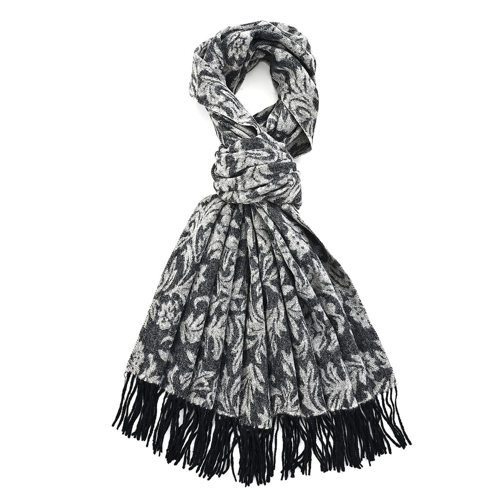 LA MAREY 100% Merino Wool Abstract Print Scarf with Tassel (180 x 70 cm) - Grey_8270068_4