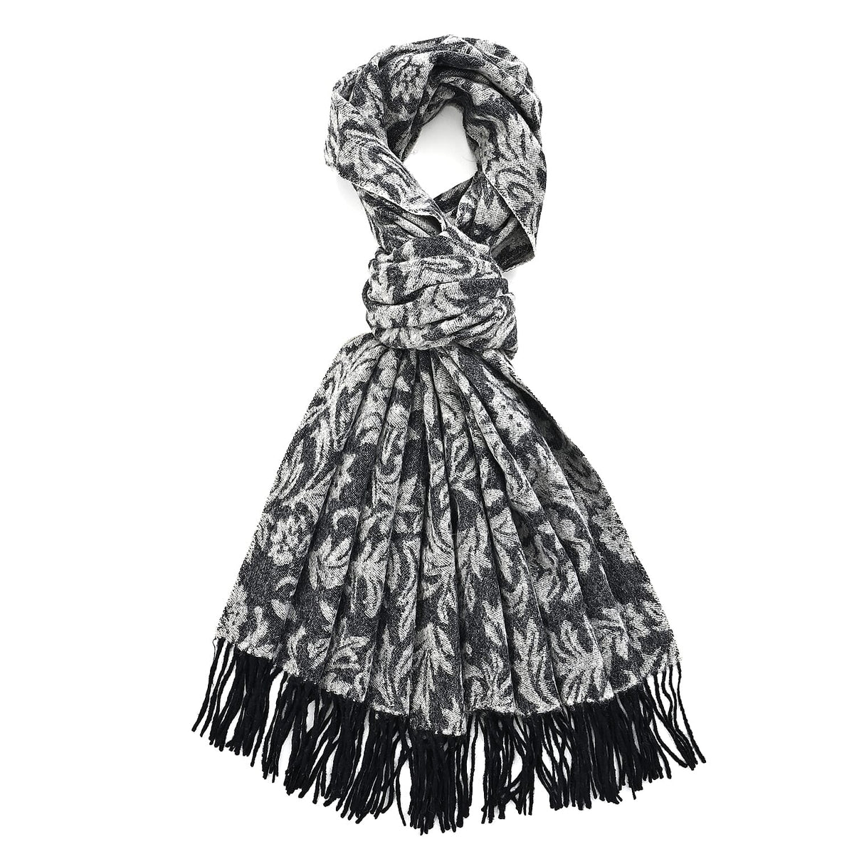 LA MAREY 100% Merino Wool Abstract Print Scarf with Tassel (180 x 70 cm) - Grey V32630248 5