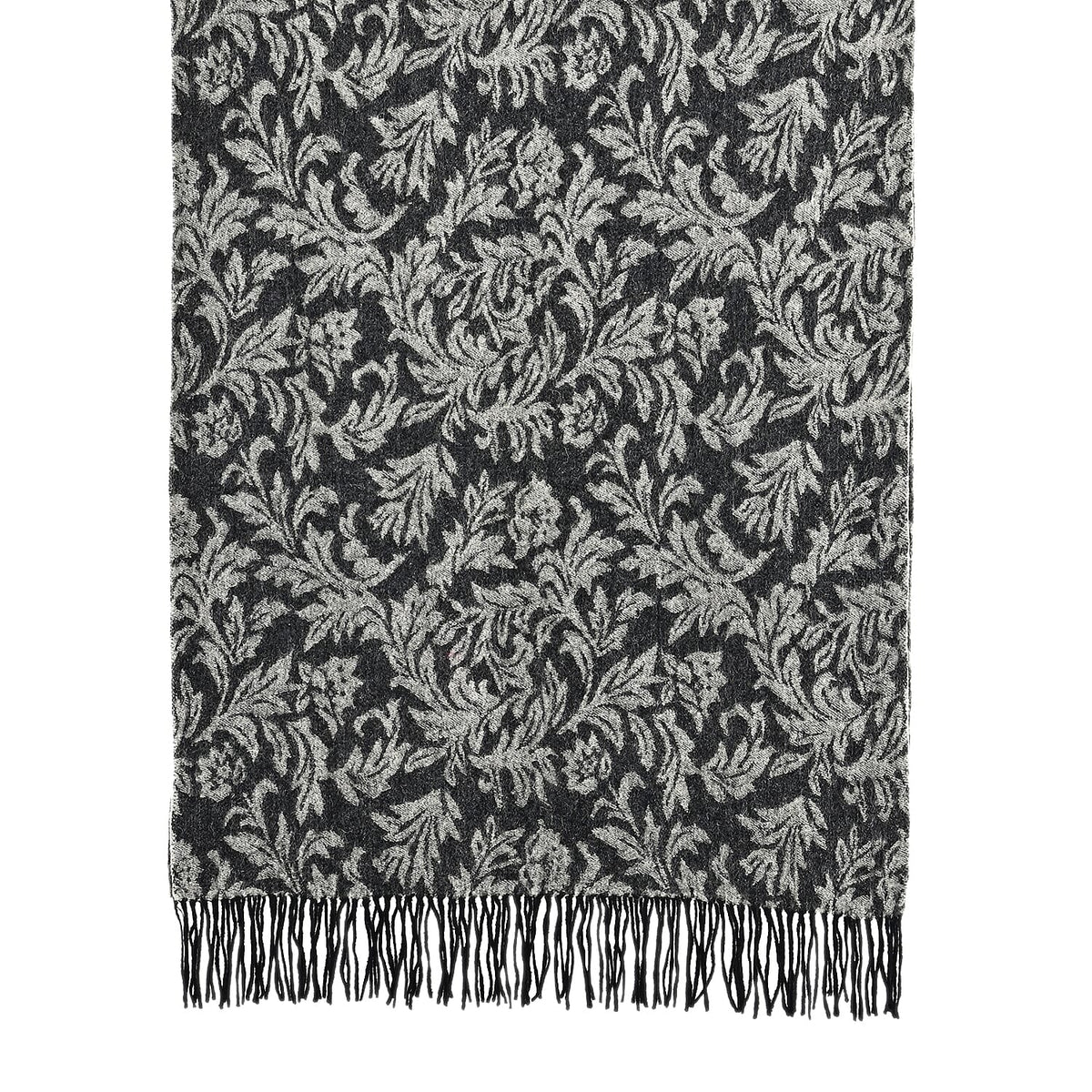 LA MAREY 100% Merino Wool Abstract Print Scarf with Tassel (180 x 70 cm) - Grey V32630248 6