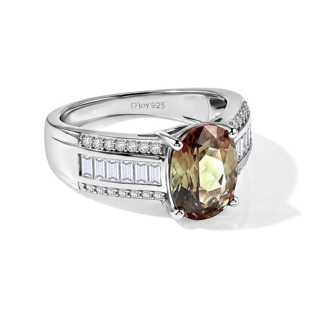 D'Joy Andalusite, Moissanite Main Stone With Side Stone Ring in Rhodium OverlaySterling Silver, Silver Wt.5.1 Gms  3.190  Ct._8272008