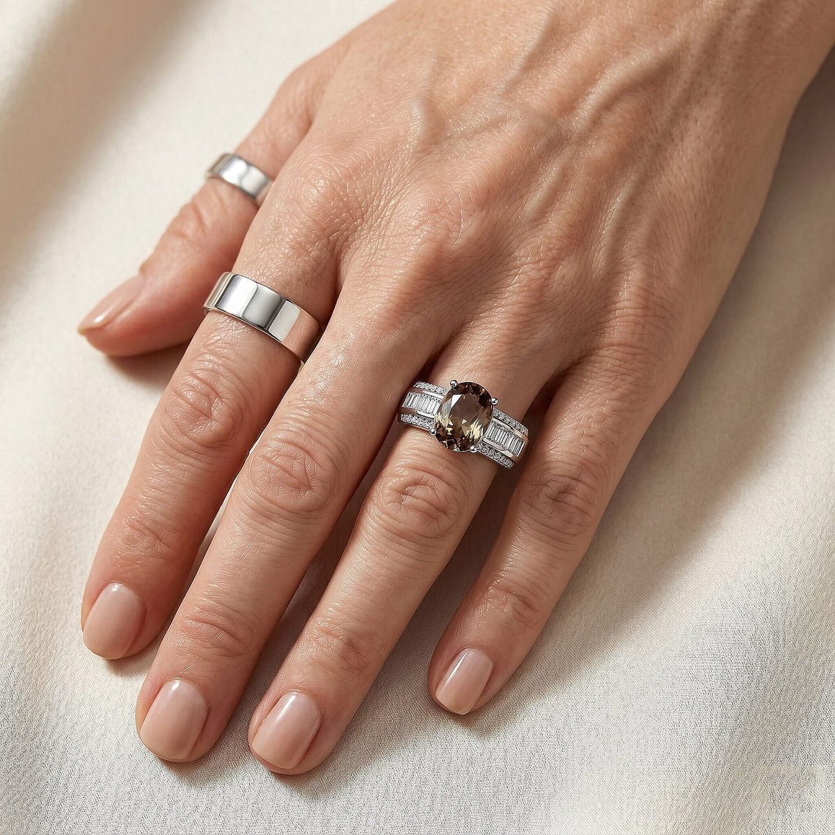 Certified and Appraised D'Joy Andalusite, Moissanite Main Stone With Side Stone Ring in Rhodium Overlay Sterling Silver, Silver Wt.5.1 Gms 3.190 Ct. 8272008 2