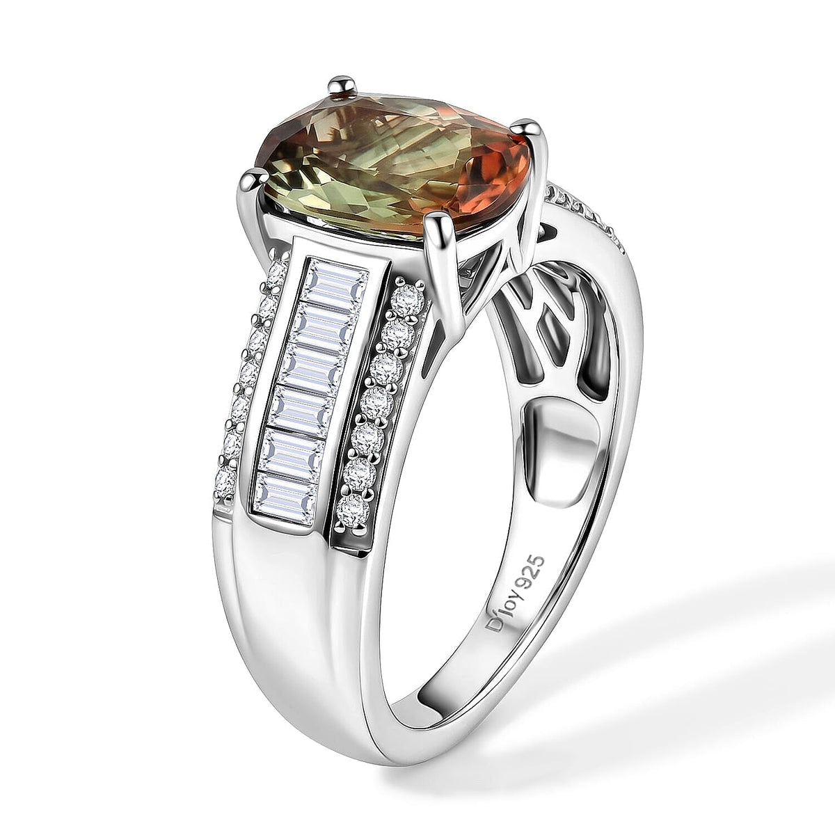 Certified and Appraised D'Joy Andalusite, Moissanite Main Stone With Side Stone Ring in Rhodium Overlay Sterling Silver, Silver Wt.5.1 Gms 3.190 Ct. 8272008 3