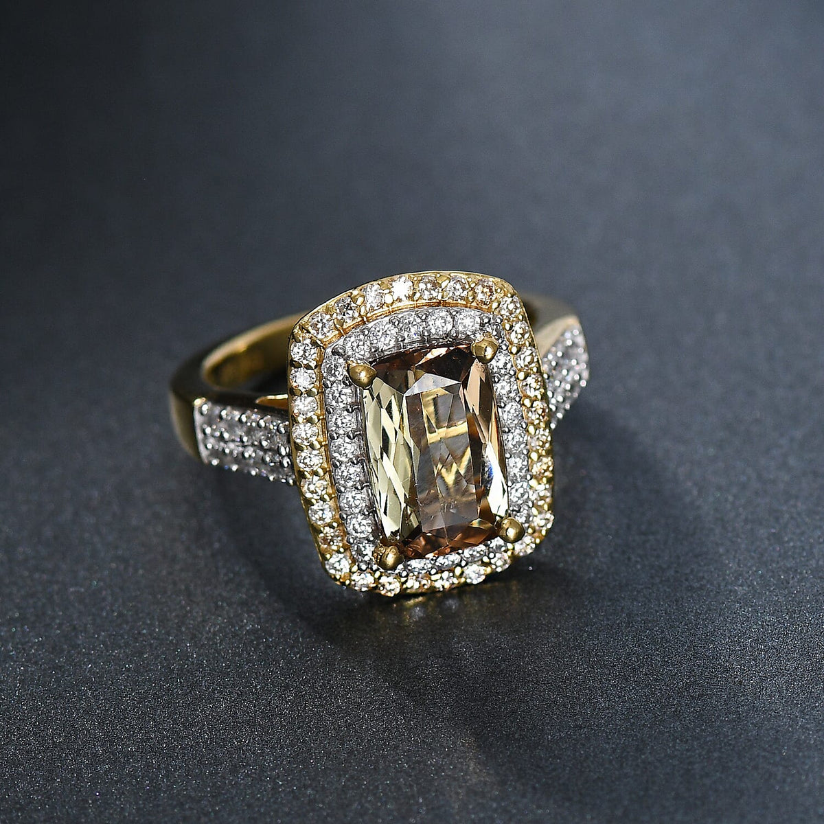 Certified and Appraised D'Joy Andalusite, Moissanite, Champagne Moissanite Main Stone With Side Stone Ring in 18K Yellow Gold Vermeil Sterling Silver 4.220 Ct. 8272110 1