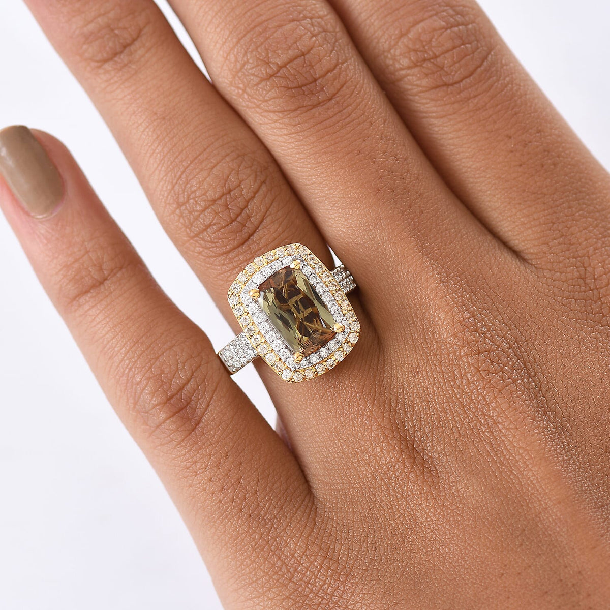 Certified and Appraised D'Joy Andalusite, Moissanite, Champagne Moissanite Main Stone With Side Stone Ring in 18K Yellow Gold Vermeil Sterling Silver 4.220 Ct. 8272110 2