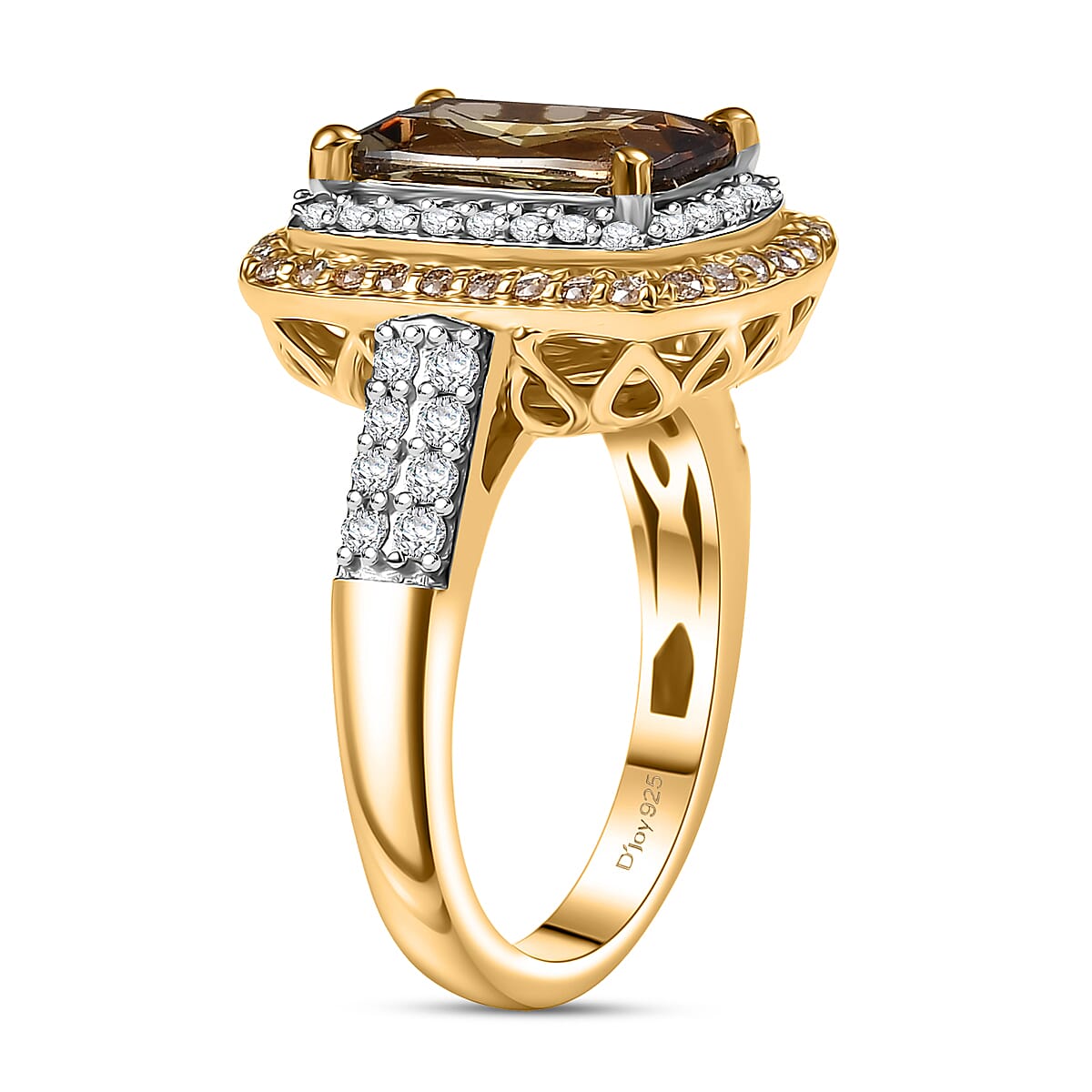 Certified and Appraised D'Joy Andalusite, Moissanite, Champagne Moissanite Main Stone With Side Stone Ring in 18K Yellow Gold Vermeil Sterling Silver 4.220 Ct. 8272110 3