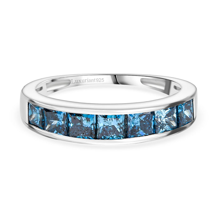 LUXURIANT 1.50 Ct. Lab Grown Blue Diamond Half Eternity Ring in Rhodium Overlay Sterling Silver 8272149 1