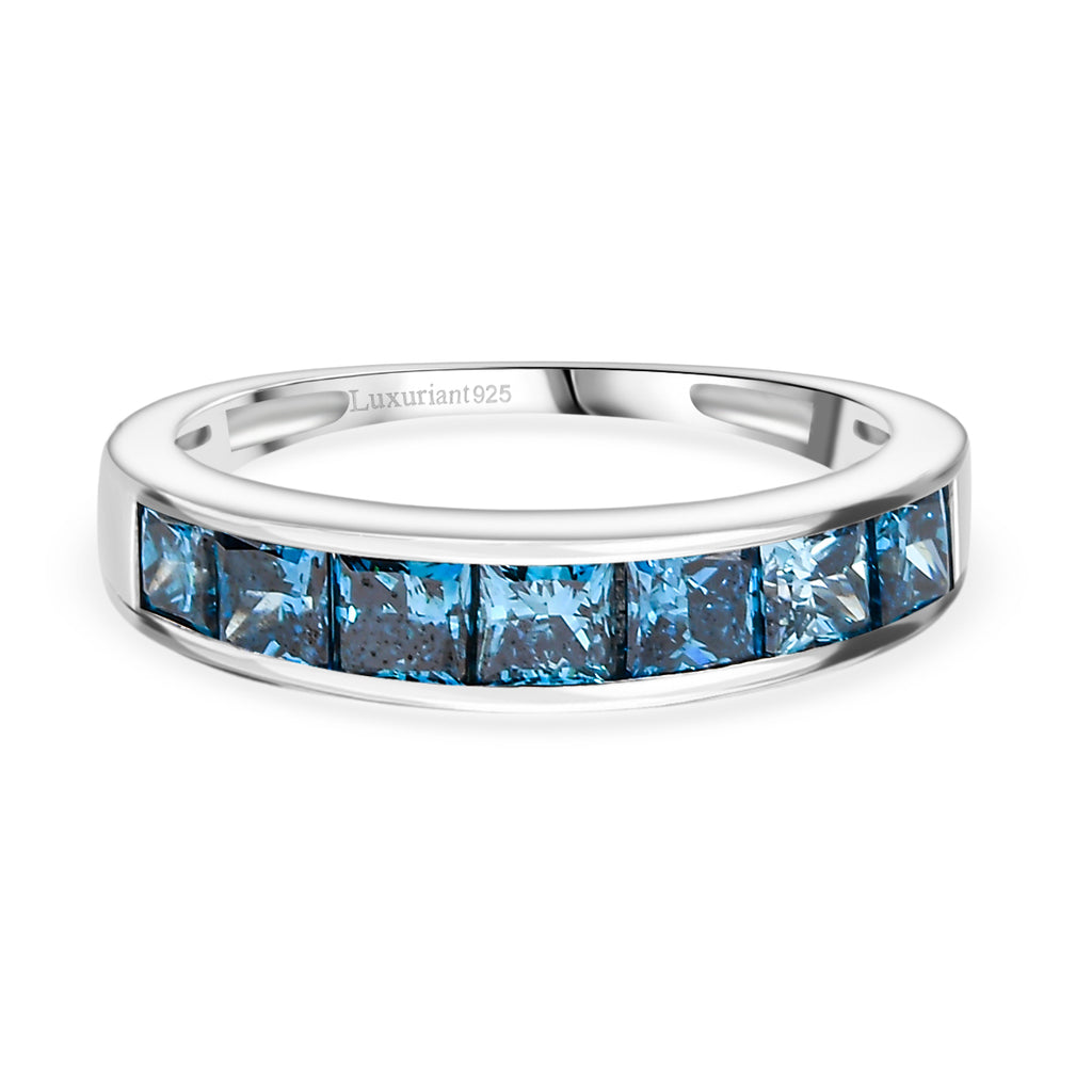 Luxuriant - Lab Grown VS Blue Diamond 7 Stone Band Ring in Rhodium Overlay Sterling Silver 1.50 Ct._8272155