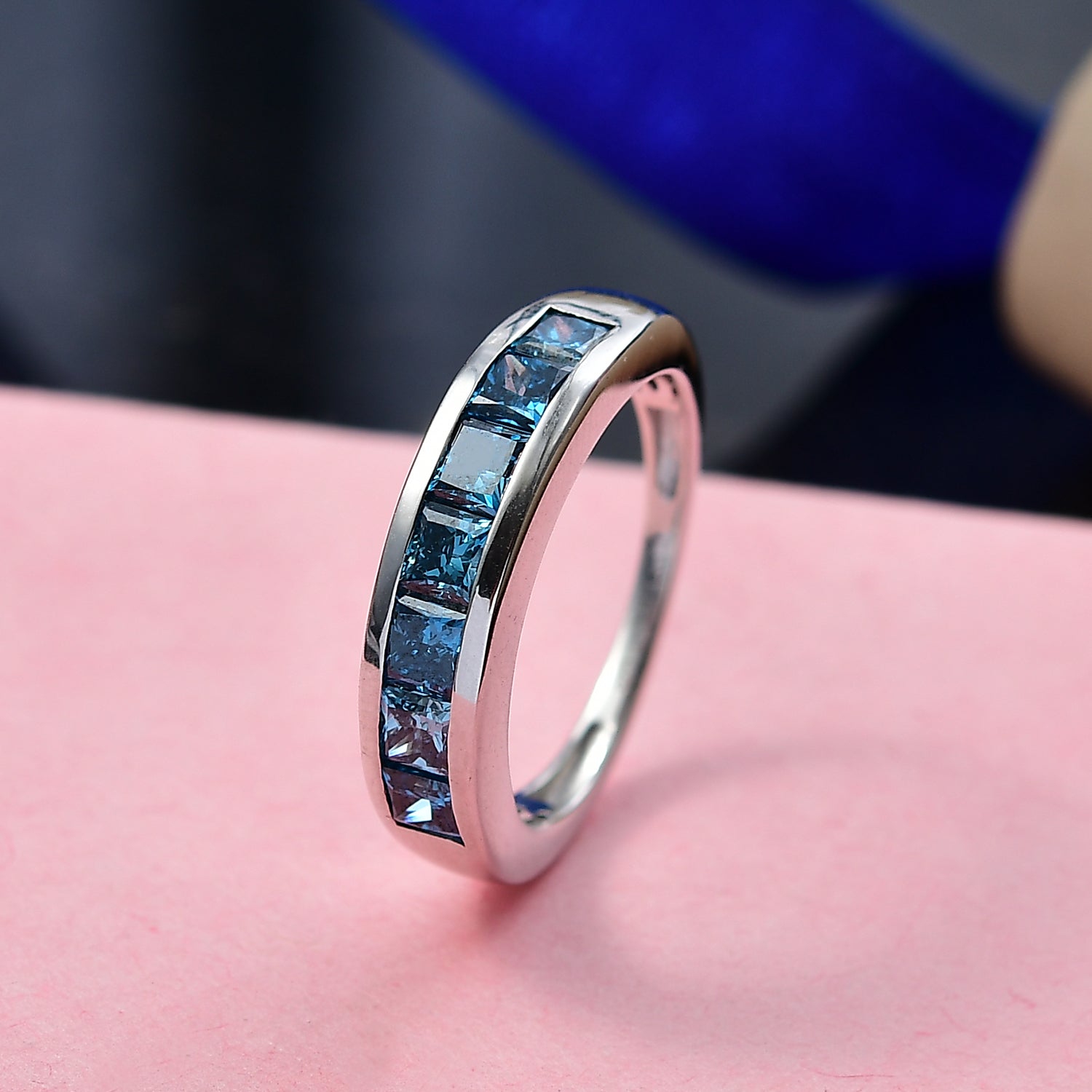 LUXURIANT 1.5 Ct. Lab Grown Blue Diamond Band Ring in Rhodium Overlay Sterling Silver V32535541 2