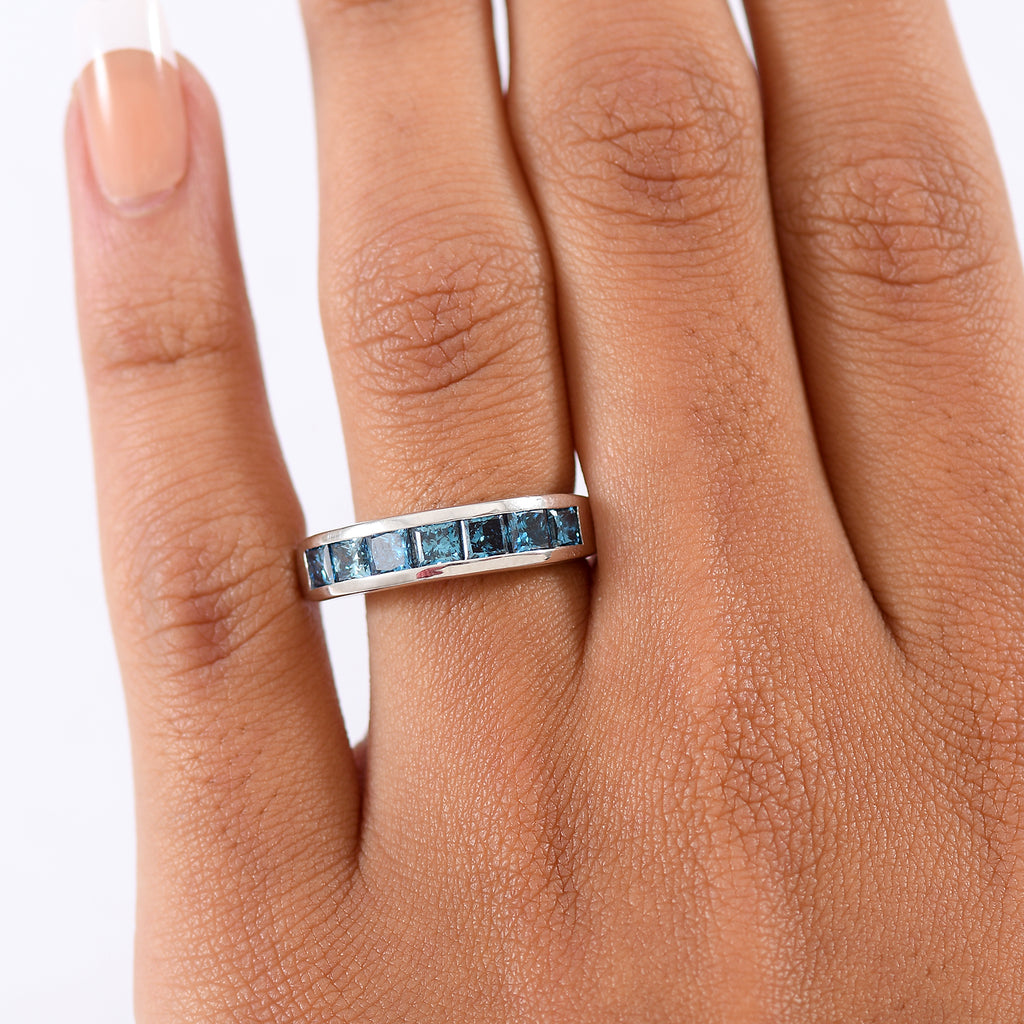 Luxuriant - Lab Grown VS Blue Diamond 7 Stone Band Ring in Rhodium Overlay Sterling Silver 1.50 Ct._8272155_2