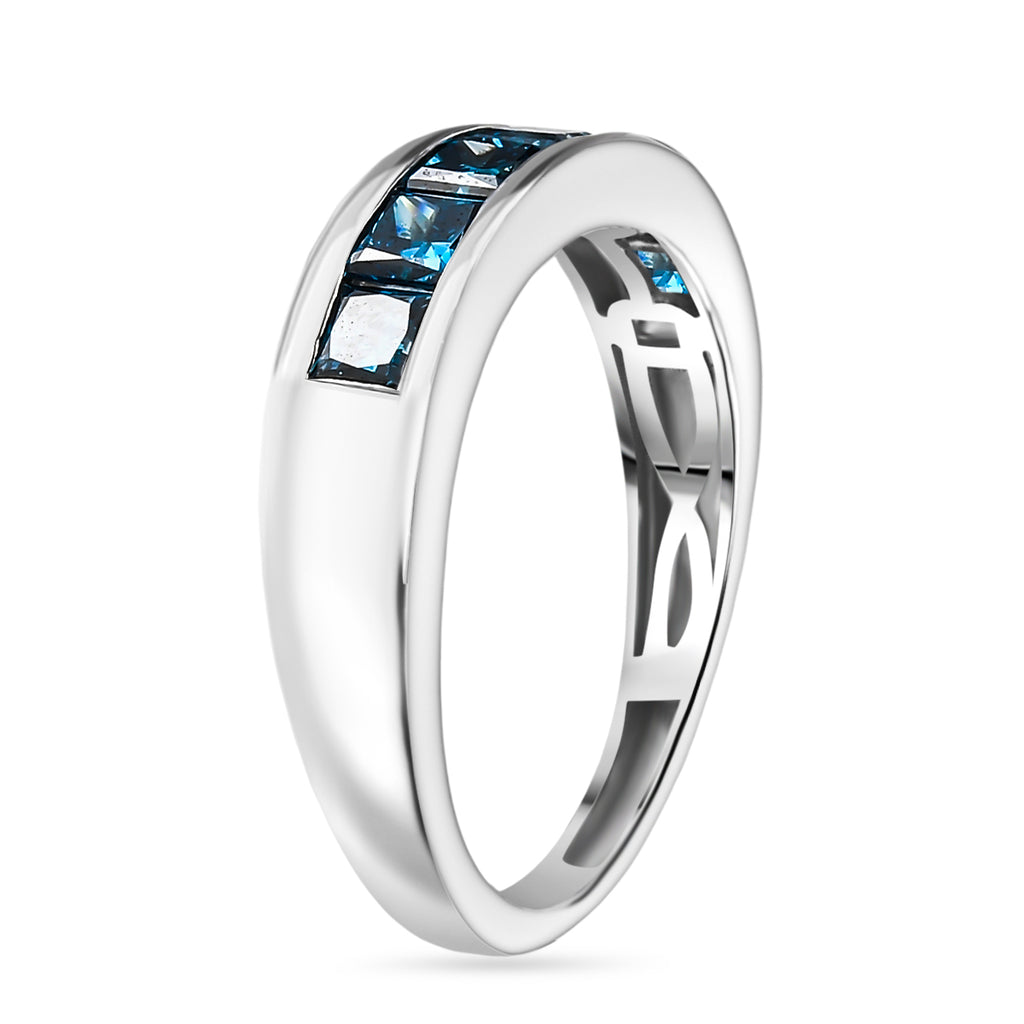 Luxuriant - Lab Grown VS Blue Diamond 7 Stone Band Ring in Rhodium Overlay Sterling Silver 1.50 Ct._8272155_3