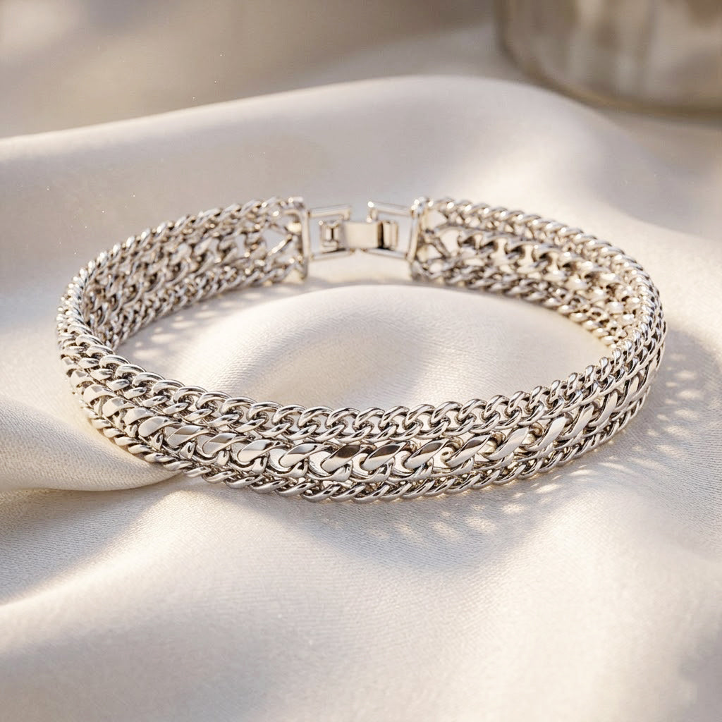 Woven Triple Curb Link Chain Bracelet (Size - 7.5)_8273039_2