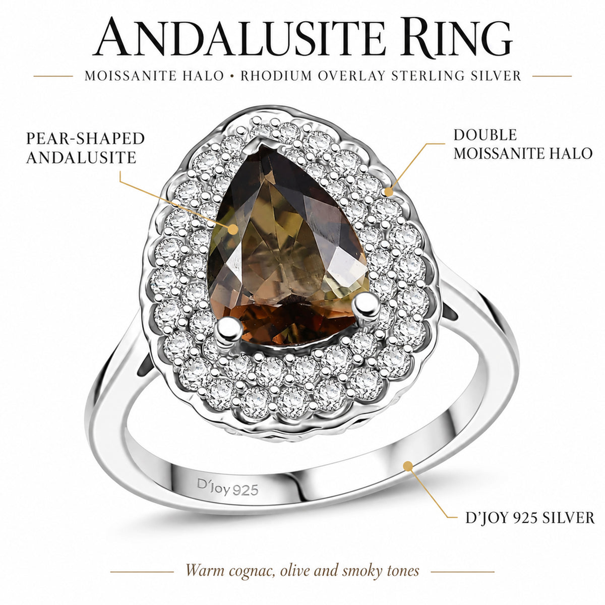 Certified and Appraised D'Joy Andalusite, Moissanite Main Stone With Side Stone Ring in Rhodium Overlay Sterling Silver 3.360 Ct. 8273067 4