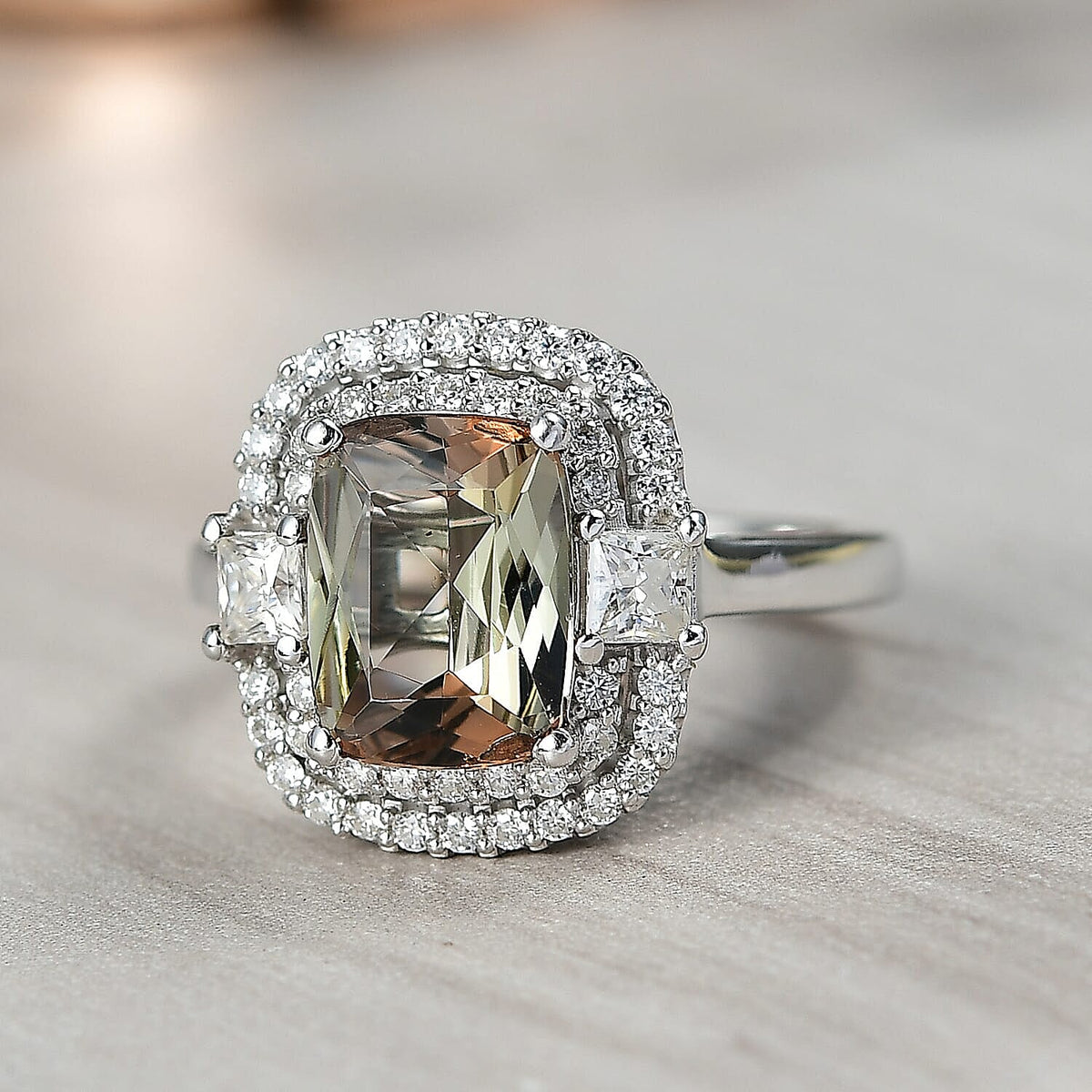 Certified and Appraised D'Joy Andalusite, Moissanite Main Stone With Side Stone Ring in Rhodium Overlay Sterling Silver  3.100  Ct. 8273095 1