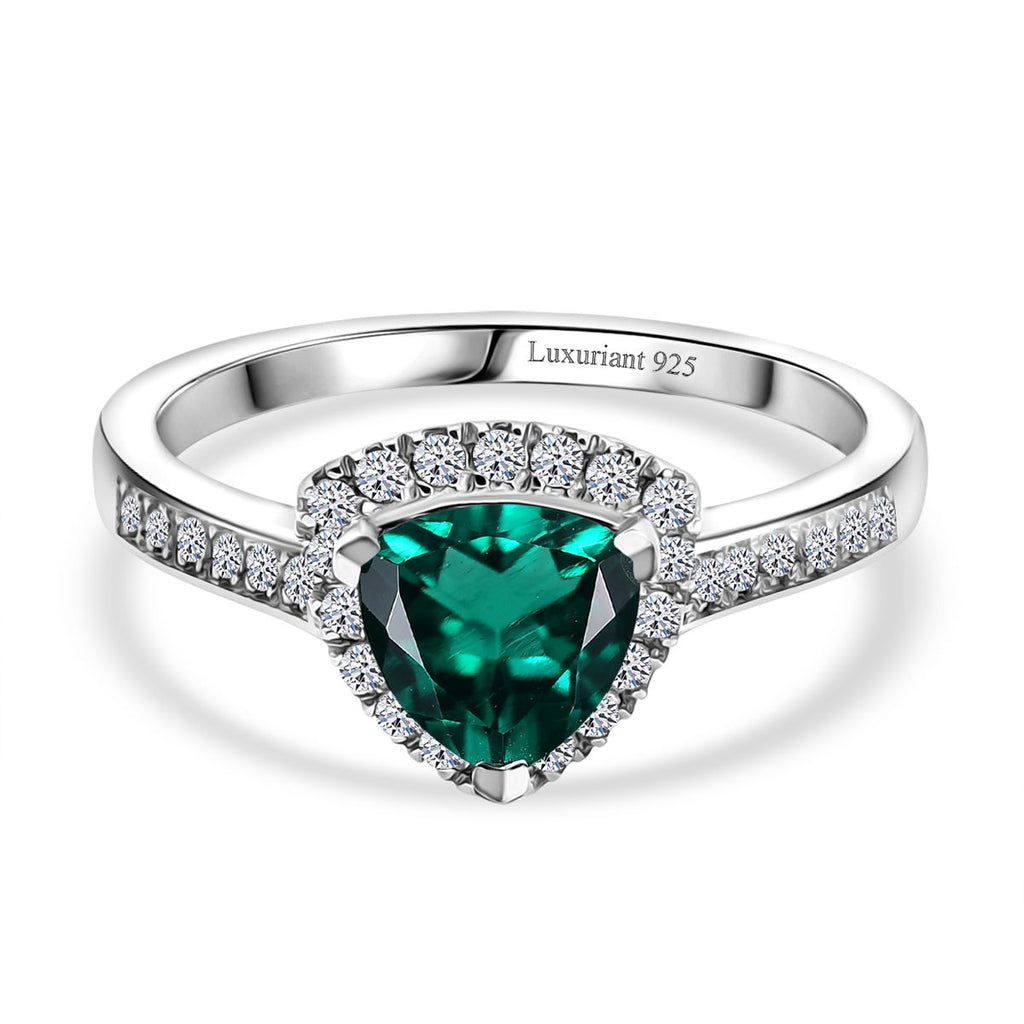 Luxuriant - Lab Grown Emerald Trillion Cut & Lab Grown Diamond (SI/G-H) Halo Ring in Rhodium Overlay Sterling Silver 1.27 Ct._8273106