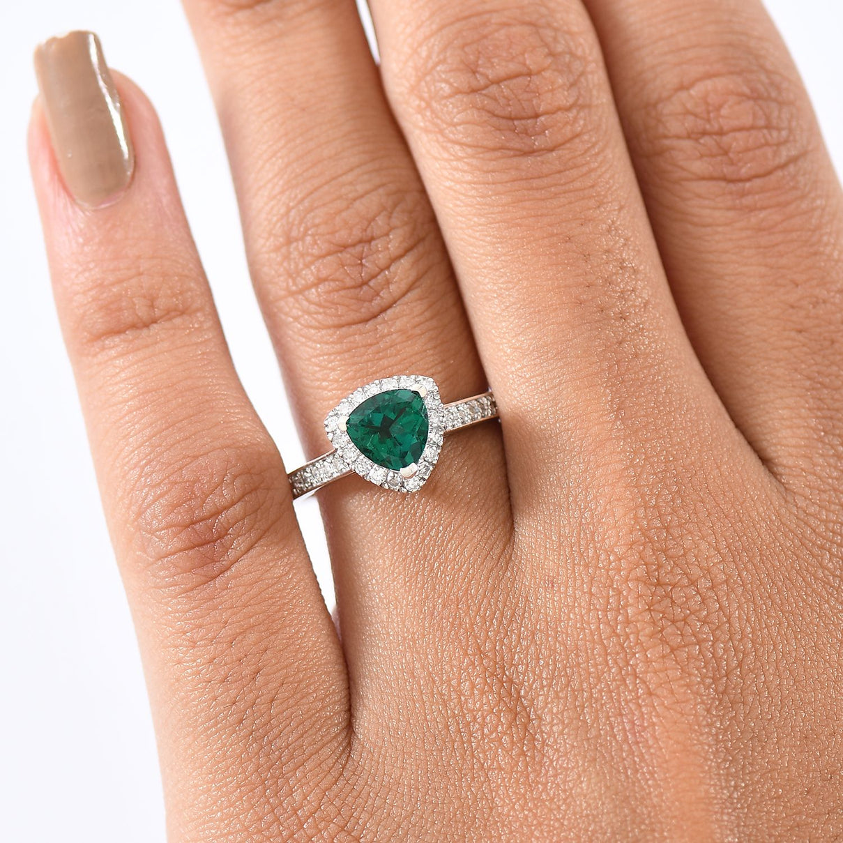 LUXURIANT Lab Grown Emerald, Lab Grown Diamond Halo Ring in Rhodium Overlay Sterling Silver 1.38 Ct. (SI-GH) V32521540 3