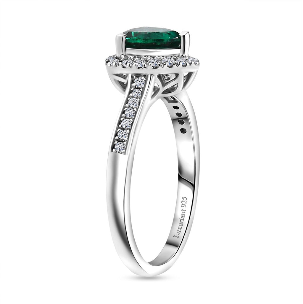Luxuriant - Lab Grown Emerald Trillion Cut & Lab Grown Diamond (SI/G-H) Halo Ring in Rhodium Overlay Sterling Silver 1.27 Ct._8273106_3