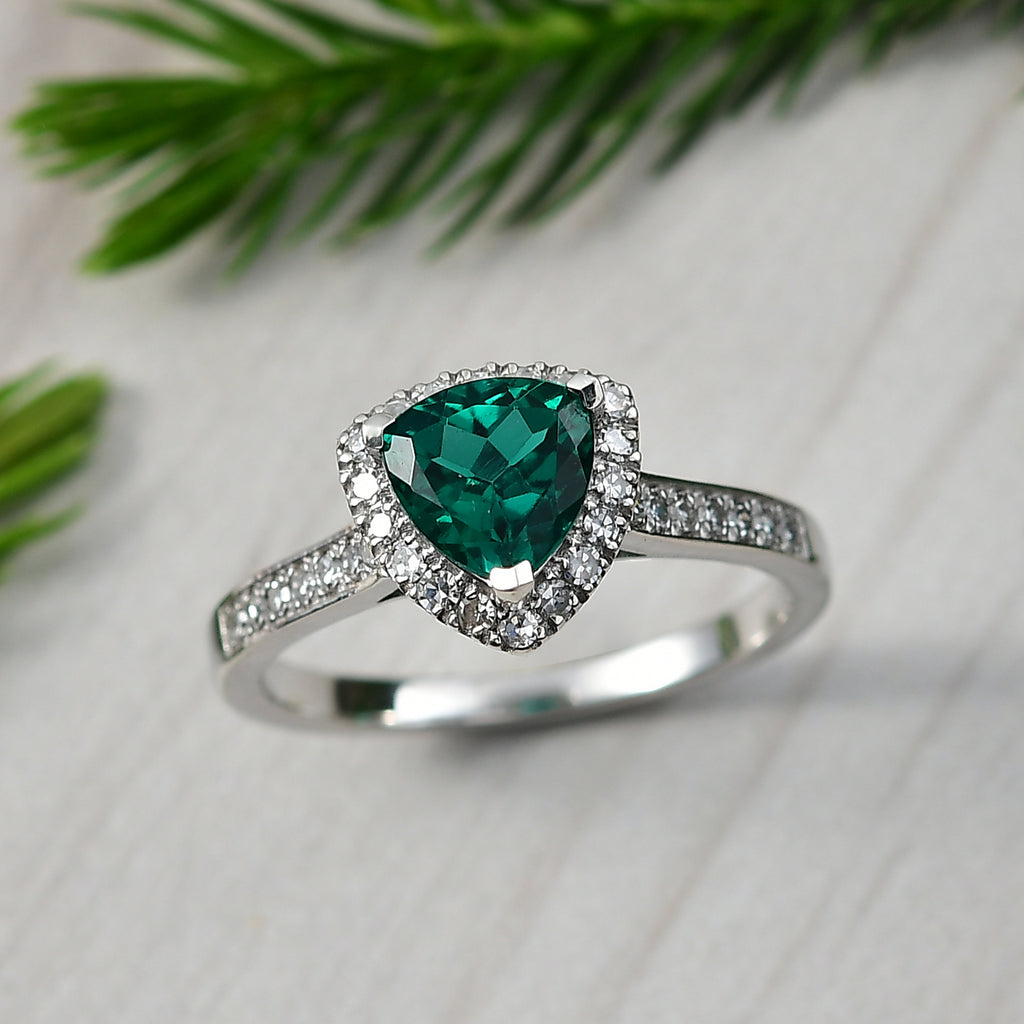 Luxuriant - Lab Grown Emerald Trillion Cut & Lab Grown Diamond (SI/G-H) Halo Ring in Rhodium Overlay Sterling Silver 1.27 Ct._8273107_1