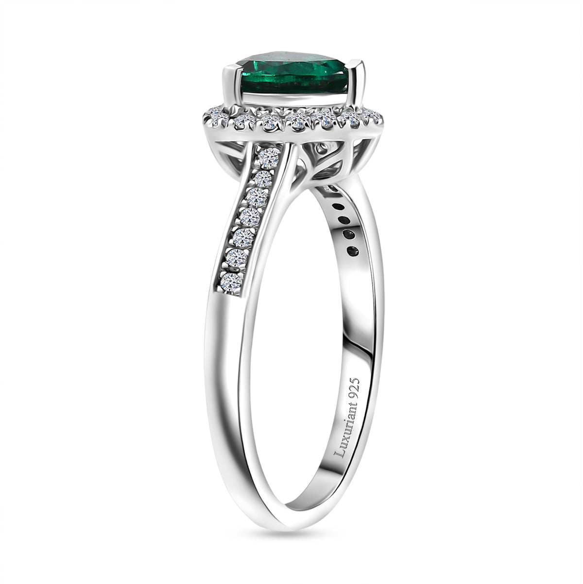 LUXURIANT Lab Grown Emerald, Lab Grown Diamond Halo Ring in Rhodium Overlay Sterling Silver 1.38 Ct. (SI-GH) V32614325 4