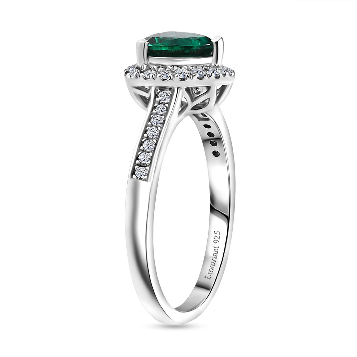 LUXURIANT Lab Grown Emerald, Lab Grown Diamond Halo Ring in Rhodium Overlay Sterling Silver 1.38 Ct. (SI-GH) V32535324 4